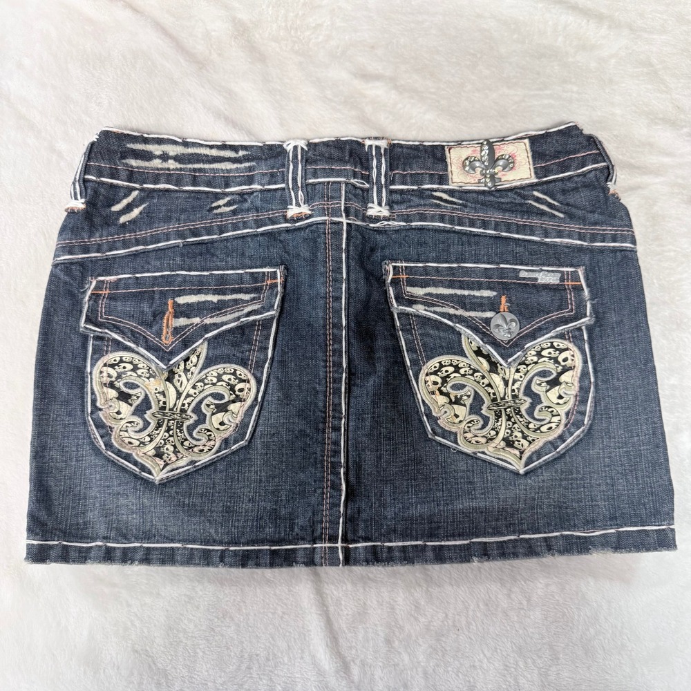 Laguna Beach Jean Co Denim Mini Skirt Dark Wash Skull Fleur De Lis Stitch 26